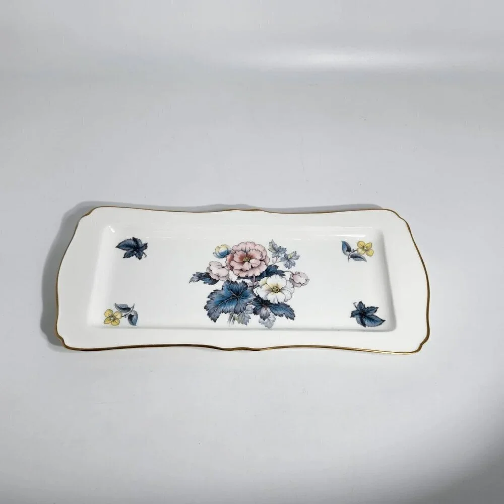 Royal Worcester Bone China Bone Rectangular Serving Tray Floral Design Gold Trim